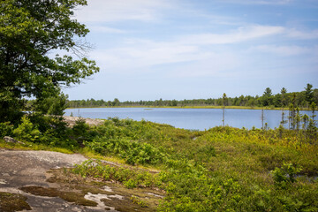A view of a marshy lake in the Torrance Barrens Dark Sky Preserve near Gravenhurst, Ontario during a hot summer day.