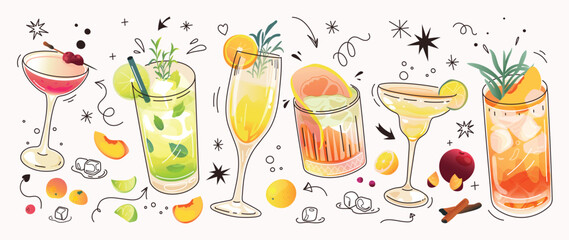 Set of cocktail drinks special promotions design. Alcohol beverage, fresh yummy drinks, sparkling water, summer juice in different glasses. Classic cocktail vector for advertisement, menu, poster.