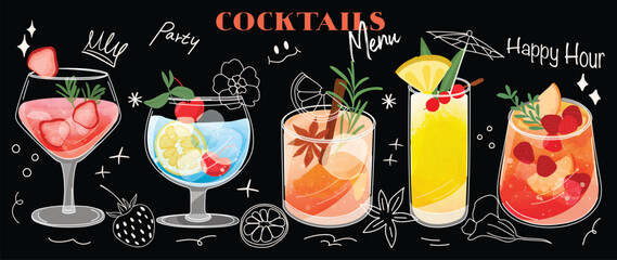 Set of cocktail drinks special promotions design. Alcohol beverage, fresh yummy drinks, sparkling water, summer juice in different glasses. Classic cocktail vector for advertisement, menu, poster.