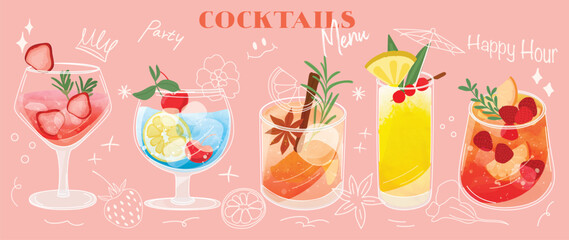 Set of cocktail drinks special promotions design. Alcohol beverage, fresh yummy drinks, sparkling water, summer juice in different glasses. Classic cocktail vector for advertisement, menu, poster.