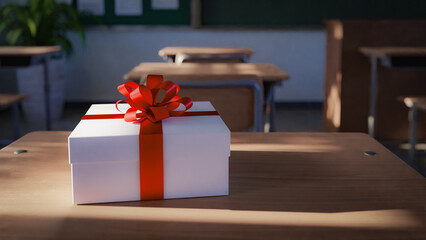 Gift box on desk in school classroom, 3d rendering