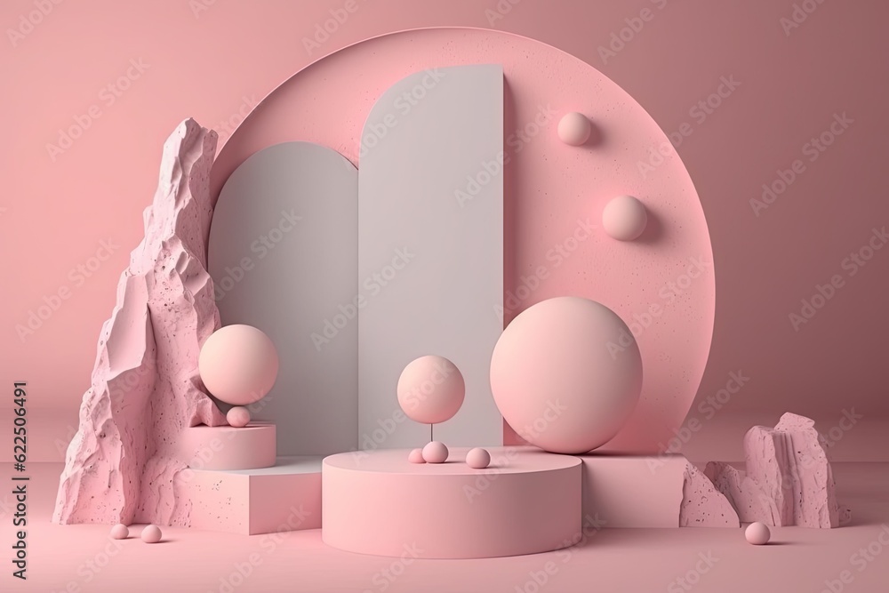Poster pink and white object with a mountain in the background. generative ai