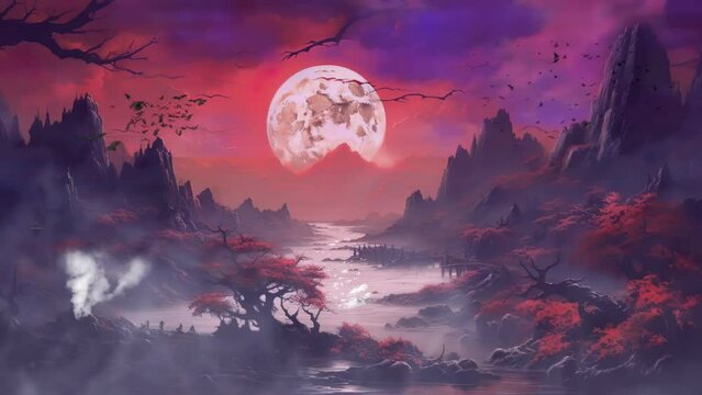 Fantasy dark landscape with big moon, lightning, and bats with smoke fog effect. Seamless looping animation footage