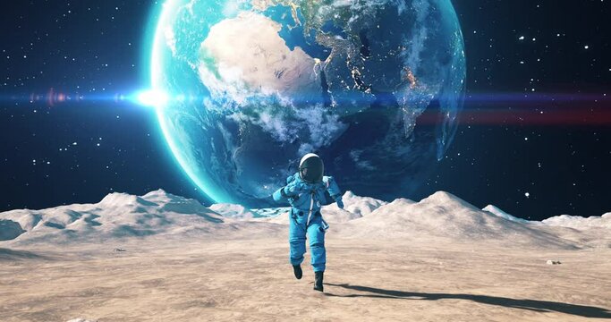 Brave Astronaut Running On The Surface Of The Satellite Moon Among Craters. Planet Earth Is Visible In Sky. Slow Motion.
