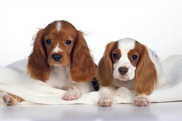 Fototapeta premium two dogs lounging on a cozy white blanket. Generative AI