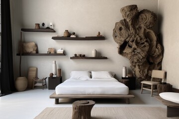 Earth Modern Bedroom Interior with Floating Styled Shelves with Found Objects and Rock Sculptures