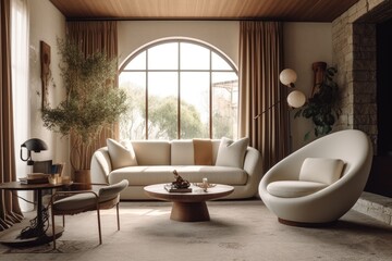 Fototapeta na wymiar Stylish Fall Modern Living Room Interior with Egg Shape Accent Chair and Linen Organic Sofa 