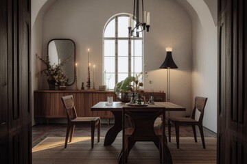 Dim Lit Spanish Modern Dining Room Interior with Candle Holders and Gothic Light Fixtures