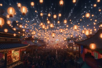 Fototapeta na wymiar Aerial of Chinese Paper Lanterns Flying in Night Sky with Homes Below