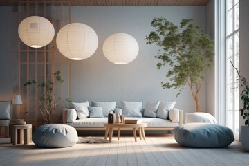 Modern Japandi Styled Living Room Interior With Paper Hanging Lights And Real Indoor Tree Behind Linen Couches Made With Generative Ai