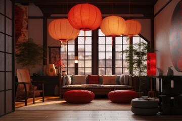 Asian Modern Dim Lit Living Room Interior With Red Chinese Lanterns And Red Ottoman Poufs