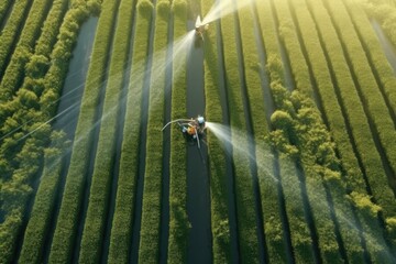 Fototapeta premium Aerial Of Farm And Crops With Watering Tractor And Lush Green Rows Made With Generative Ai