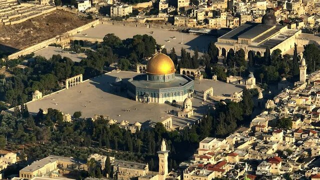 Al-aqsa mosque in Jerusalem, dome of the rock, Israel, aerial drone view 4k