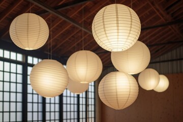 Paper Lantern Lamp Shade in Bulk Hanging From Wooden Beam Ceiling Made with Generative AI