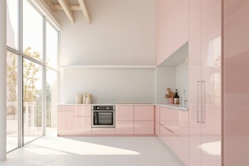 Chic Blush Baby Pink Modern Kitchen Interior with Empty White Walls and Open Concept Two Story Apartment Layout Made with Generative AI