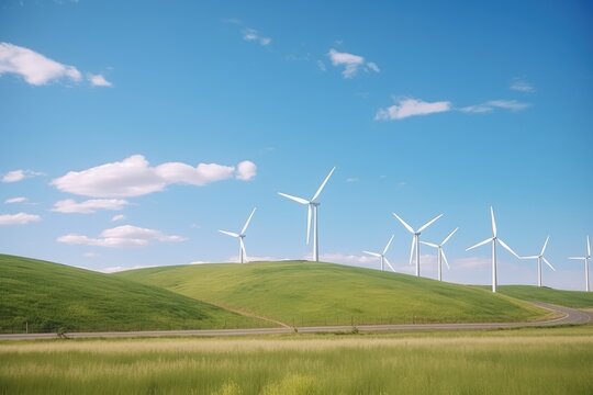 Wind Power Turbines Clean Energy Technology Renewable Resource on Green Grass Hills with Sunny Blue Sky Made with Generative AI