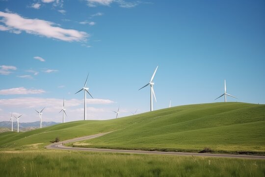 Wind Power Turbines Clean Energy Renewable Resource Technology on Green Grass Hills with Sunny Blue SKy Made with Generative AI