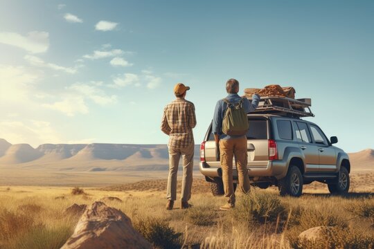 Men on Road Trip Standing Behind Car Packed with Hiking Gear in Desert Mountain Valley with Hot Weather and Sunshine in Summer Made with Generative AI