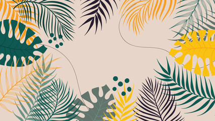 Forest tropical background vector illustration. Jungle plants, monstera, palm leaves, exotic summertime style. Botanical backdrop design for decoration, wallpaper, product presentation, branding.