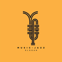 Monoline saxophone jazz musical logo design isolated on yellow background - obrazy, fototapety, plakaty