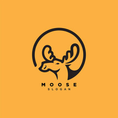 Modern circle moose head with big antler logo badge isolated on yellow background