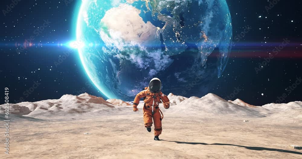 Wall mural young astronaut in space suit confidently running on an alien planet. planet earth is visible in sky