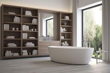 Fototapeta na wymiar Relaxing Bathroom with a Tub and Bookshelf for Reading. Generative AI