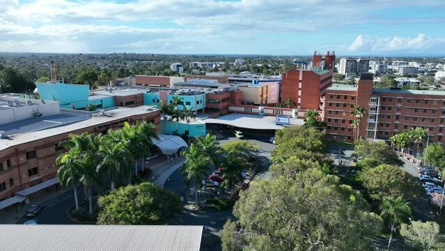 Close up pull away drone shot of Brisbane's Prince Charles Hospital. Aerial shot of Brisbane Queensland Healthcare Infrastructure
