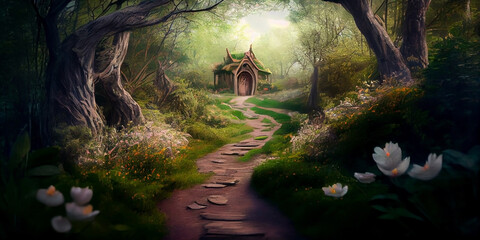 A winding path to a fabulous little house in a dense magical forest. Generative AI