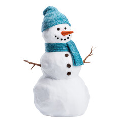 Snowman with blue hat and scarf isolated on transparent background, Generative AI - obrazy, fototapety, plakaty