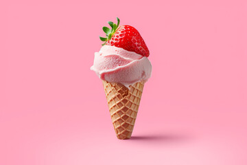 Strawberry ice cream in waffle cone on pink background.