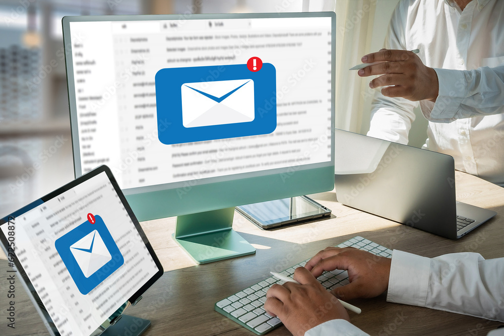 Poster mail communication connection message to mailing contacts phone global letters concept