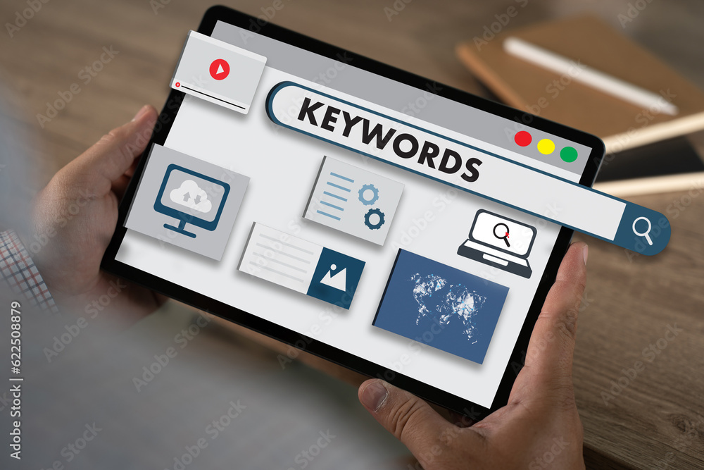 Poster keywords on a website for content businessman search keywords on a laptop, browse in the office, opt