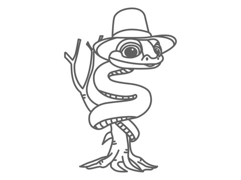 icon illustration of a cute snake wearing a hat and wrapped around a tree