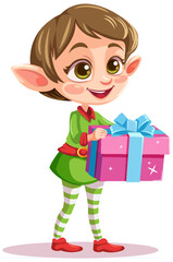 Elf girl cartoon Christmas character holding gift