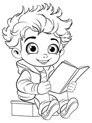 Cute Boy Reading Book Outline for Colouring