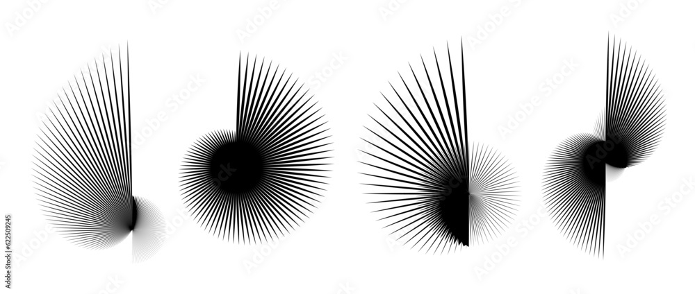 Aufkleber Abstract spiky elements set. Radial spiral spokes objects collection. Thin thorn semicircle shapes and angular sunburst bundle for posters, collages, decoration. Vector futuristic pack