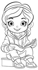 Girl cartoon reading book isolated doodle outline