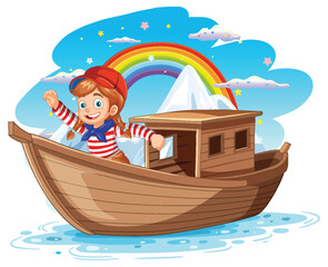 Woman on the wooden boat with rainbow on the background