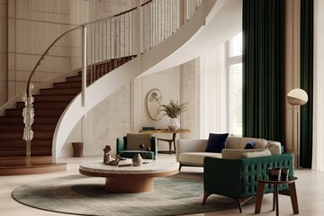 Spacious clean minimal organic modern interior foyer living room with large spiral staircase wood accents and designer furniture with high ceilings plaster walls made with generative Ai