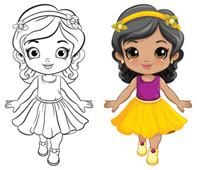 Cute Girl in Beautiful Dress Outline for Colouring