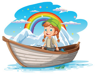 Girl fishing on boat fishing with rainbow on the background