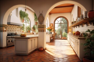 Warm cozy calm spanish modern, style interior kitchen with tile arched walls and plants windows with tropical nature backyard views made with Generative Ai