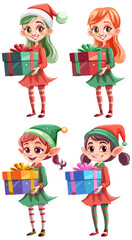 Set of cartoon character holding Christmas gift