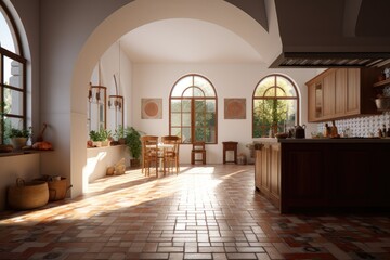 Warm cozy calm spanish modern, style interior kitchen with tile arched walls and plants windows with tropical nature backyard views made with Generative Ai