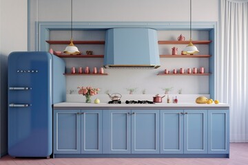 Beautiful bright calm kitchen interior detail with soft periwinkle cornflower blue cabinets with minimal modern furnishing made with Generative Ai