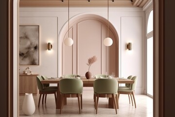 Luxurious spacious chic post modern contemporary dining room with pastel walls olive green chairs organic furniture and glass round light pendant light fixture made with Generative Ai