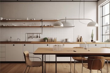 Beautiful Neutral Modern Organic white kitchen interior with nature wood accents and designer lighting fixtures and professionally styled made with Generative Ai