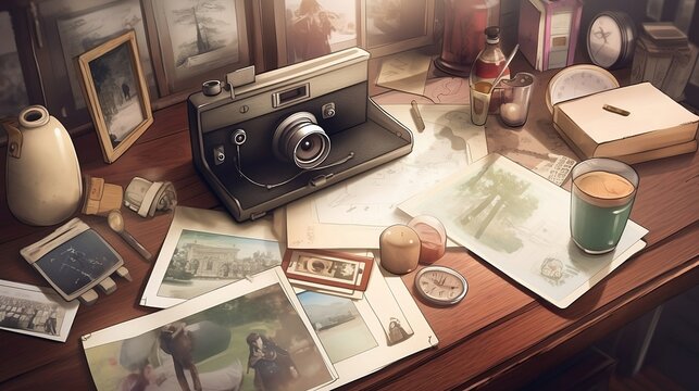 Creative memories: Desk with vintage camera, polaroid photos, scrapbook, pens and stickers, atmosphere of memory keeping, generative AI