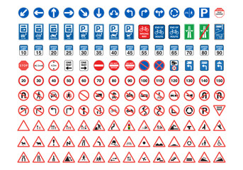 Traffic signs collection. Signs of danger, mandatory, obligations and alerts. Supplementary and routing table. Temporary traffic signs. Vector. © Jer